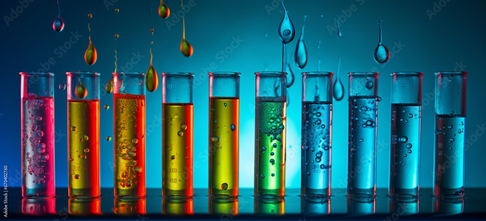 a science laboratory with a row of test tubes colorful chemicals