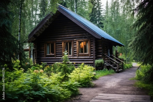 rustic wooden cabin exterior in a forest