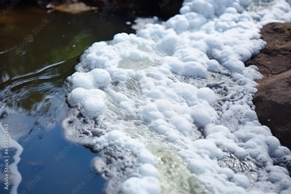 a close-up of toxic foam on pond water