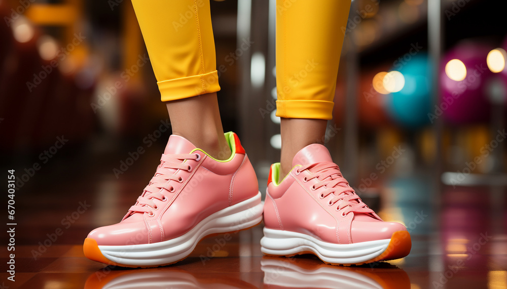 Close-up of pink sneakers paired with mustard-colored trousers, set against a vibrant cityscape with gleaming lights
