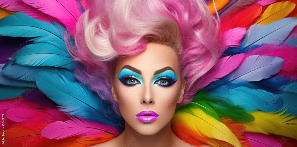 Male transvestite with beautiful bright makeup and pink hair against a background of colourful feathers, masquerade, LGBT parade