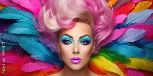 Male transvestite with beautiful bright makeup and pink hair against a background of colourful feathers, masquerade, LGBT parade © Alina Zavhorodnii