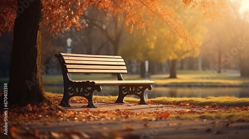 A wooden bench in an autumn park