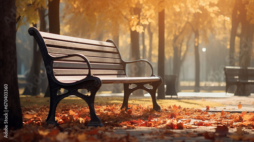 A wooden bench in an autumn park