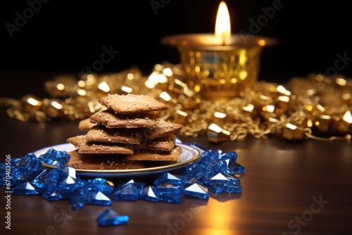 hanukkah gelt piled next to a dreidel photo