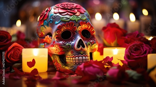 Sugar skull with detailed patterns among red roses, illuminated by numerous candles. Celebration of life.