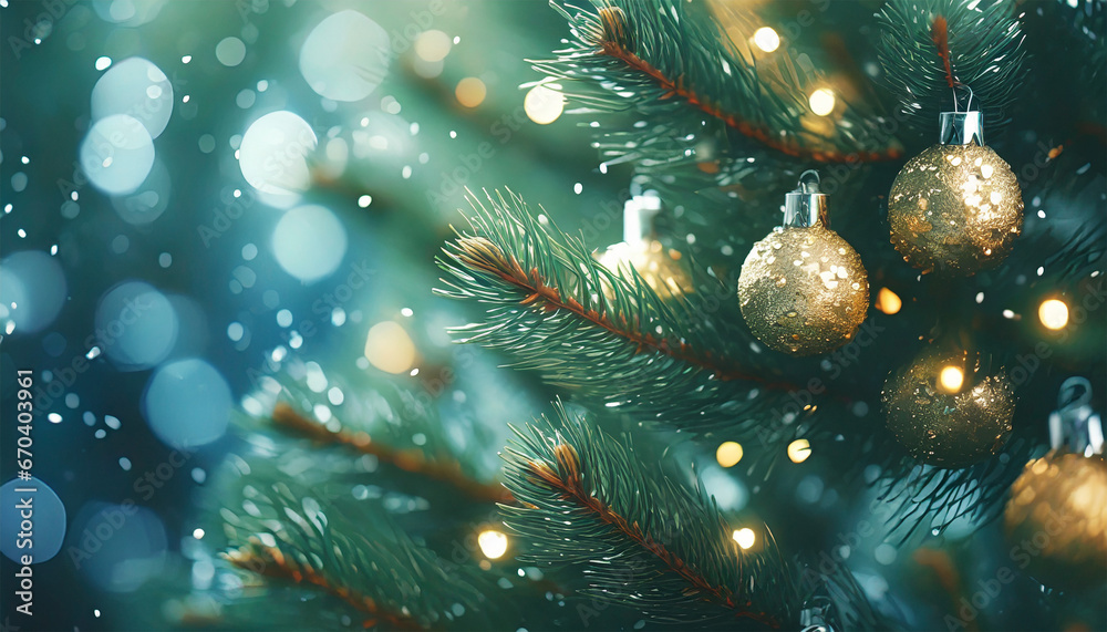Close-up view of a Christmas tree creating a festive backdrop - obrazy, fototapety, plakaty 