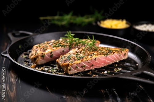seared tuna steak on a black plate, dressed with herbs