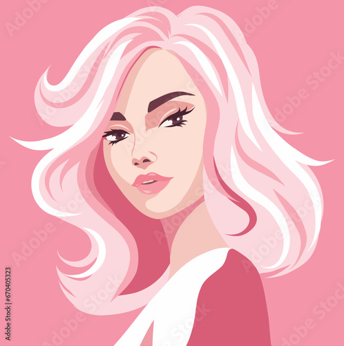 Portrait of a girl. Avatar girl. Pink color palette. Pink hair. Postcard, poster. Vector flat bright illustration on pink background