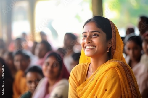Beautiful Indian woman in sari smiling at the camera, India photo