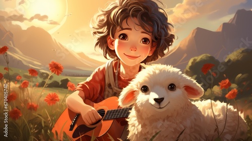 Illustration of a boy playing the guitar with a cute sheep outdoors