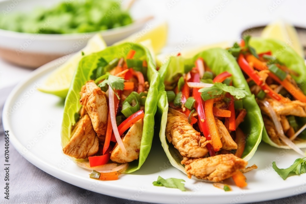 close-up of fresh turkey lettuce wraps on a white plate