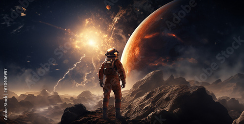 astronaut on the moon, alien planet in space, astronaut in space, Realistic space photo with several planets the sun