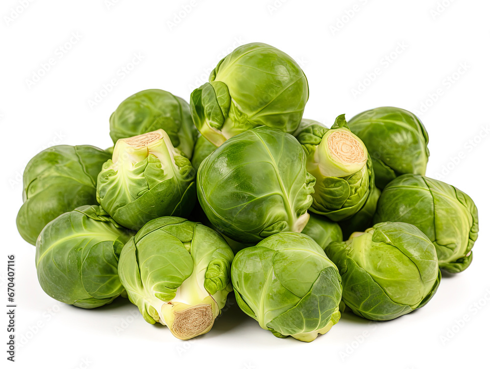 A close-up of Brussel Sprouts, set against a white backdrop