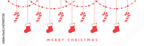 Merry Christmas Border Banner, Hanging Santa Stocking and Candy Cane Garland. Winter Holiday Season Header Decoration. Web Banner Template. Vector illustration.