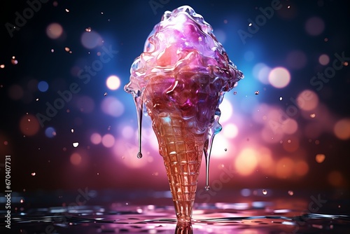 Futuristic stick ice cream made of holographic materials, melting into shimmering holographic droplets, Generative AI photo