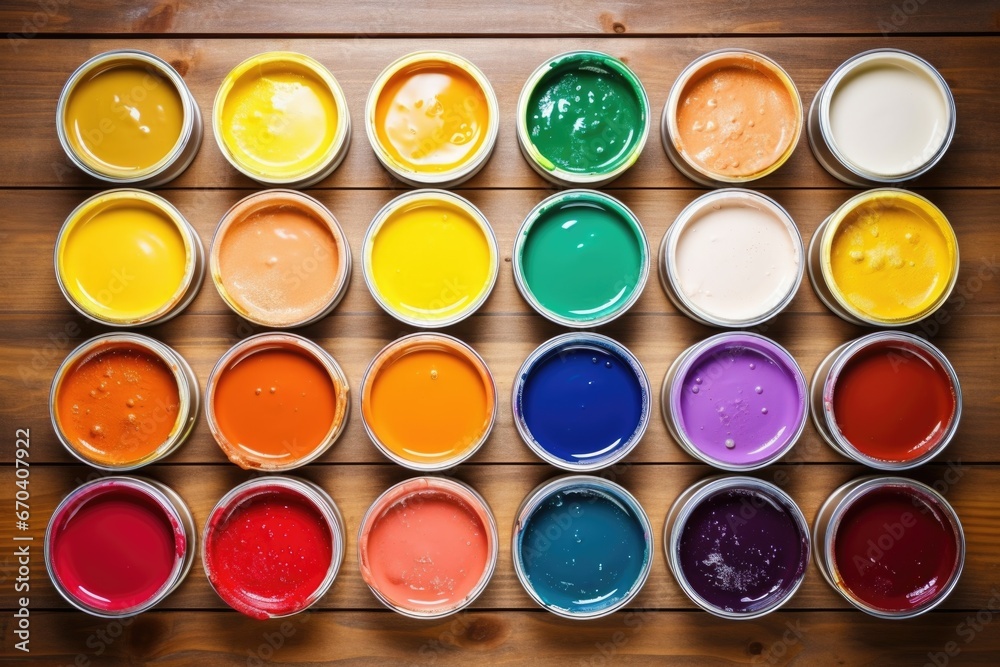 high-angle view of an array of faux paints on a wooden table high-angle view of an array of faux paints on a wooden table