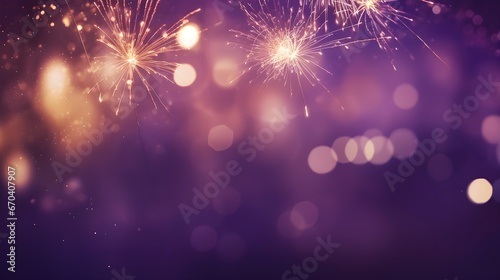 Purple Bokeh lights  blurry  Fireworks glitter Landscape background with copy space  New year holiday theme  count down