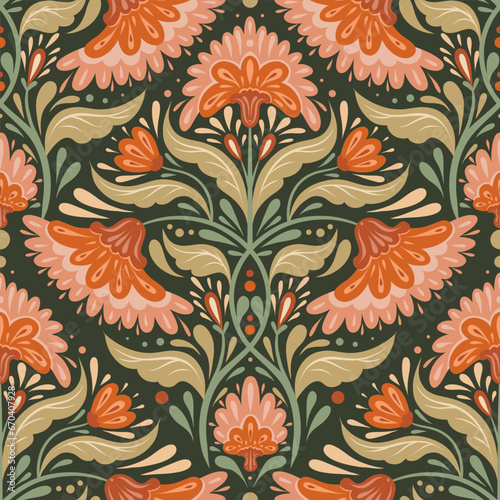 Vector decorative seamless pattern with geometric flowers in pastel colors. Folk art texture with symmetrical floral ornaments with foliage