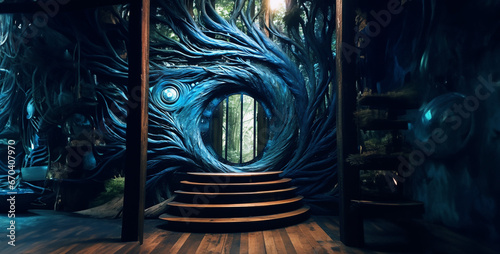 Inside view of the treehouse A Magical swirling stairs