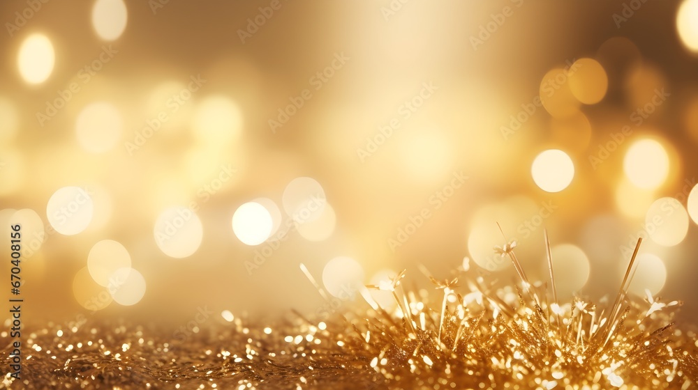 Gold and yellow Bokeh lights, blurry, Fireworks glitter Landscape background with copy space, New year holiday theme, count down