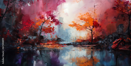 a surreal fall scene surrealism abstract oil paint