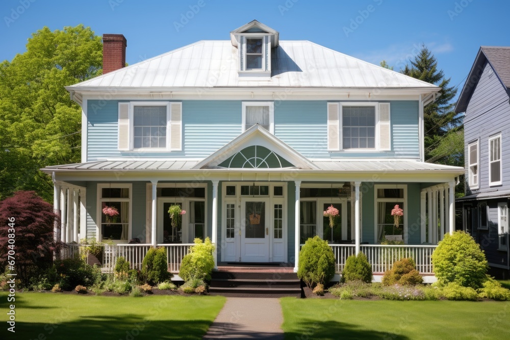 hip roof georgian colonial home with blue sky