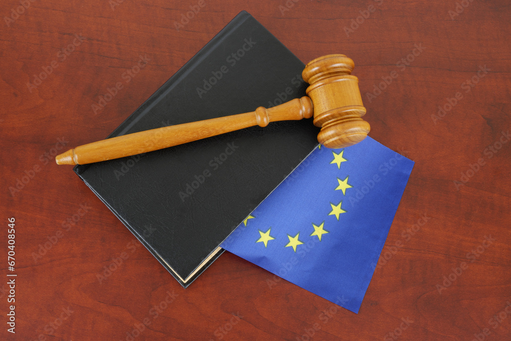 Book with European Union flag and wooden judge gavel.	