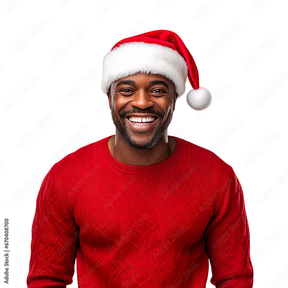 black african man in a Santa cap hat and a Christmas sweater isolated ...