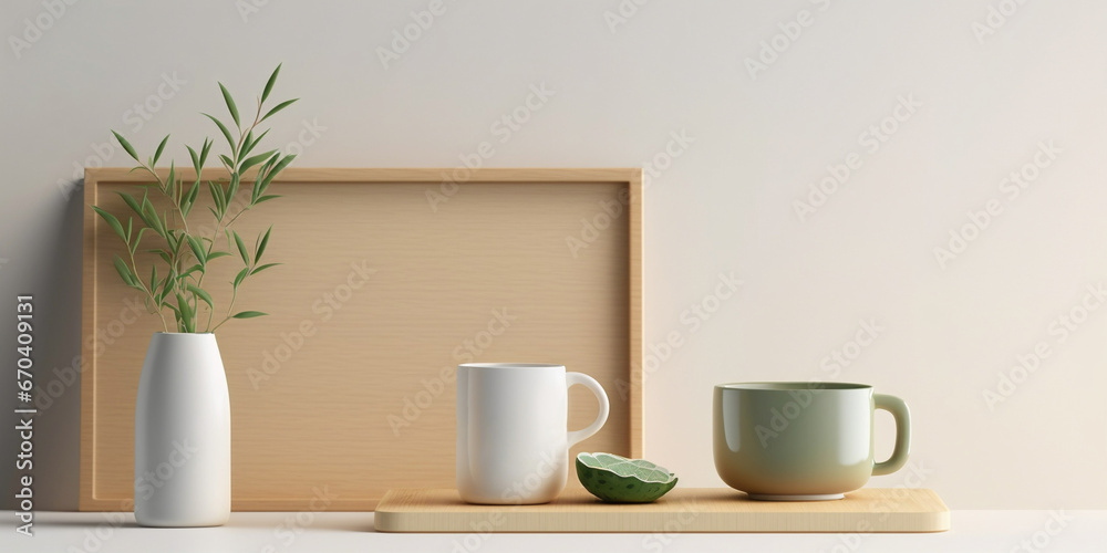 Cups and plant in vase on clean white table with wooden tray. Created with Generative AI technology