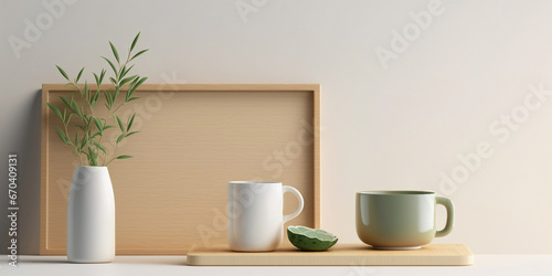Cups and plant in vase on clean white table with wooden tray. Created with Generative AI technology