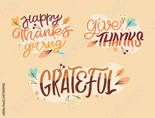 Hand drawn Thanksgiving typography poster. Celebration quote Happy Thanksgiving on textured background for postcard  Thanksgiving icon  logo or badge. Thanksgiving vector vintage style calligraphy