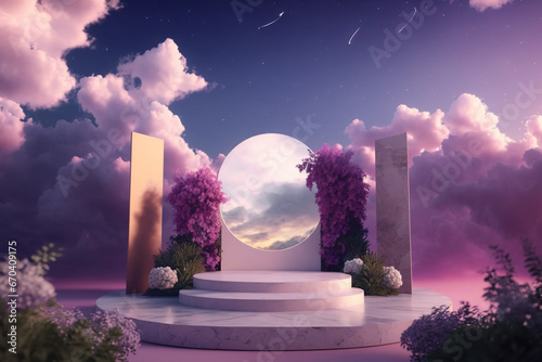 Artistic scene with round mirror reflecting the sky on display podium with purple plants and dreamy sky in the background. Created with Generative AI technology © Rolling Stones