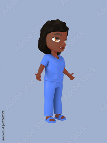 Dark-skinned female character in blue nursing assistant uniform. 3d rendering