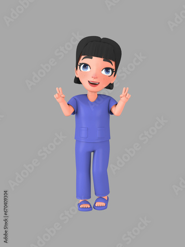 Short-haired female character in nursing assistant uniform ,3d rendering