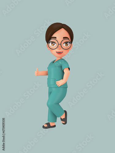 A female character ties her hair into a bun in a green nursing assistant uniform. 3d illustration