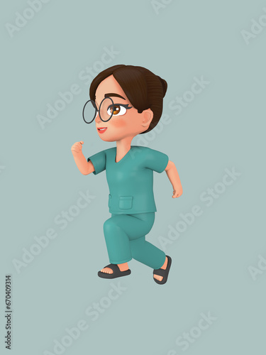 A female character ties her hair into a bun in a green nursing assistant uniform. 3d illustration