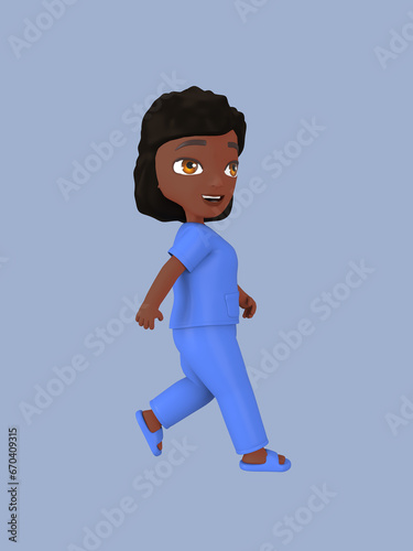 Dark-skinned female character in blue nursing assistant uniform. 3d rendering