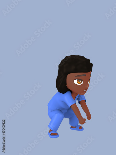 Dark-skinned female character in blue nursing assistant uniform. 3d rendering