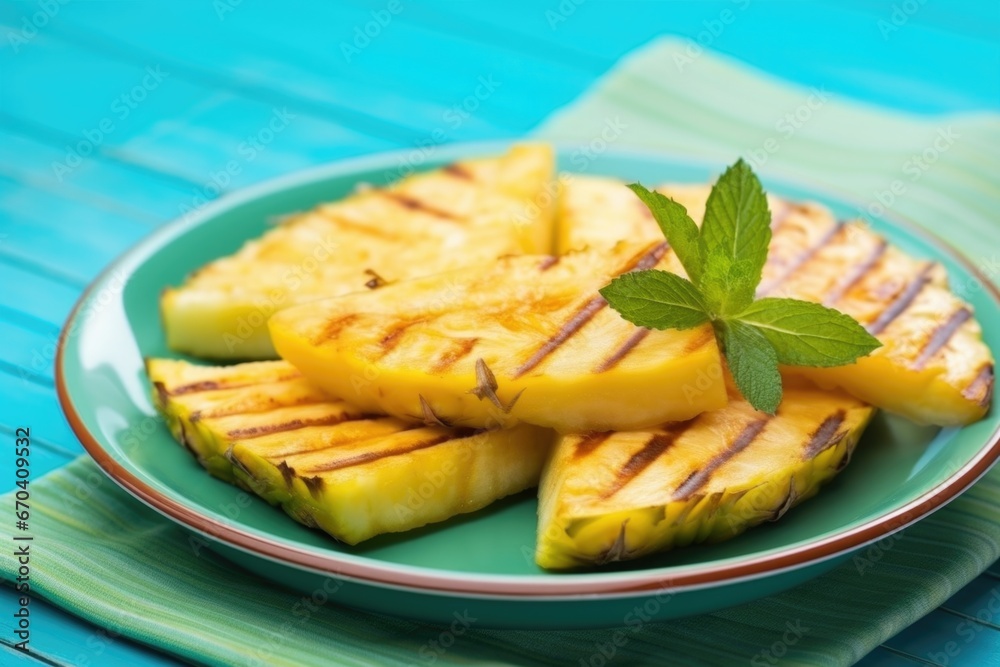 triangular grilled pineapple slices laid on a bright turquoise plate triangular grilled pineapple slices laid on a bright turquoise plate