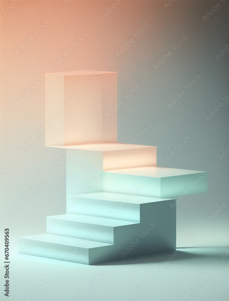 Translucent geometric product display stairs on light orange and teal background. Created with Generative AI technology Translucent geometric product display stairs on light orange and teal background. Created with Generative AI technology