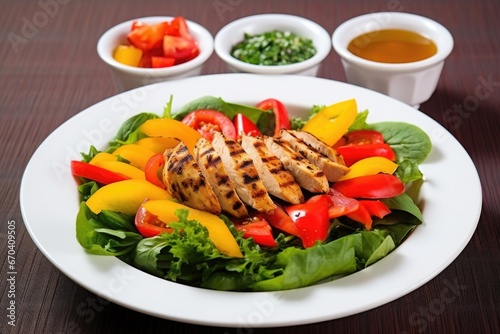 salad with spinach, grilled chicken strips, and bell peppers