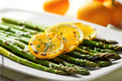 dish of grilled asparagus with lemon wedges