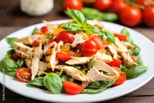 grilled chicken salad topped with whole cherry tomatoes