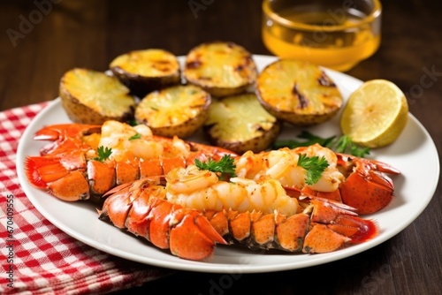 grilled lobster tails with a side of boiled potatoes