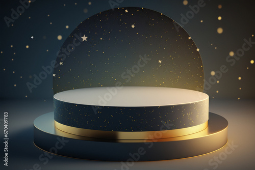 Black podium with golden base on starry black night background. Created with Generative AI technology