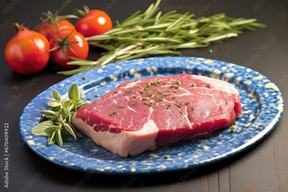 raw herb-encrusted steak on blue ceramic plate