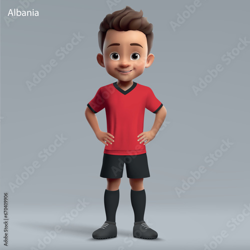 3d cartoon cute young soccer player in Albania national team kit
