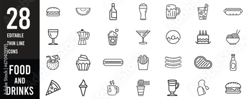 Set of outline icons related to food and drink. Linear icon collection. Editable thin line. Vector illustration