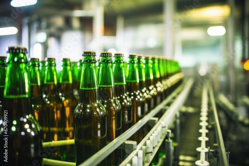 a group of beer bottles on a production line